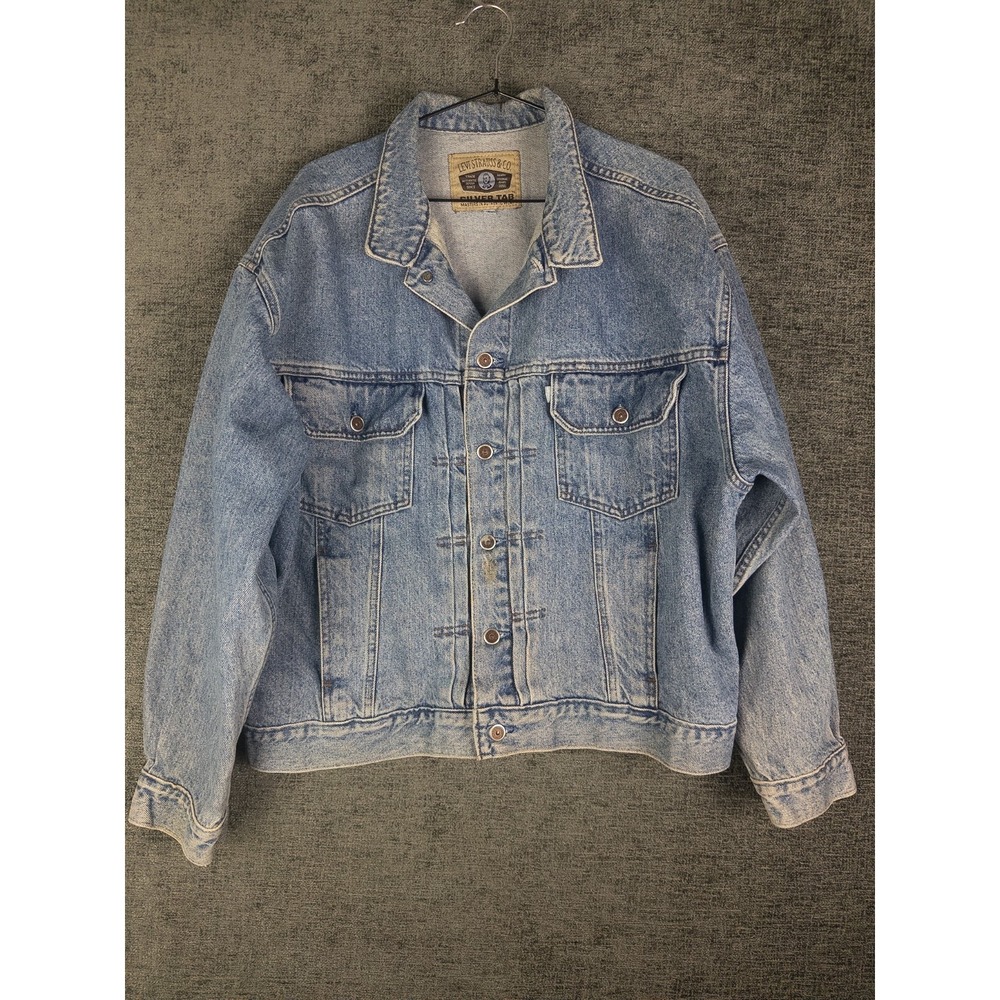 80s/90s VTG Levis Silver Tab Denim Jacket‎ Mens L Light Wash Trucker Back Buckle
